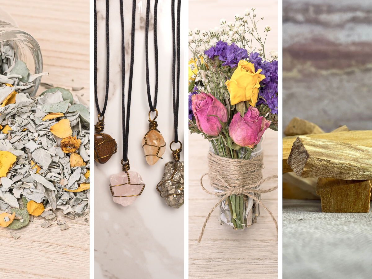 A photo of four crystals in a horizontal grid. Naming them from left to right are Rose Quartz, Green Calcite, Pyrite, and Amazonite.