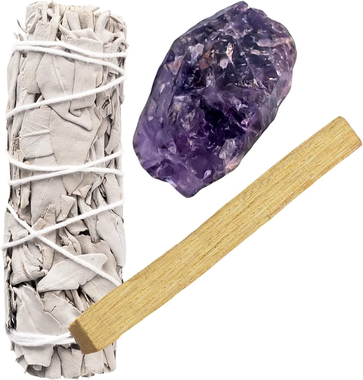 White Sage, Rough Amethyst and Palo Santo Stick Bundle