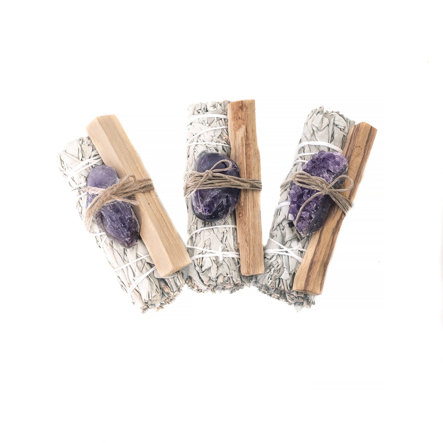 Sage, Assorted Amethyst Crystals, Palo Santo 3 Pack Bundle in Bag