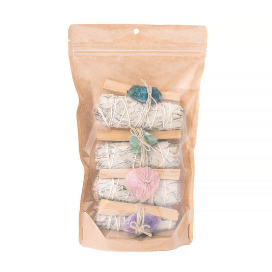 Sage, Assorted Rough Crystal, Palo Santo Bundle 4 Pack Mix Bag