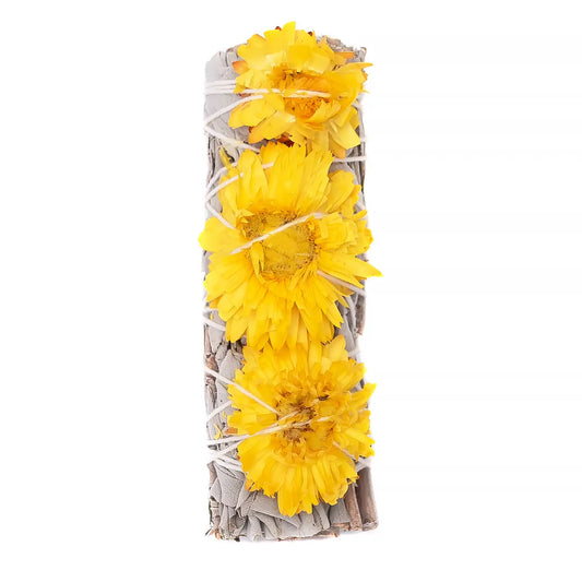 Sunrise Flower, Yellow Strawflower Floral Sage Wand