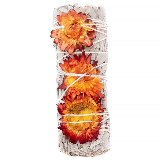 Sunset Flower, Orange Strawflower Floral Sage Wand