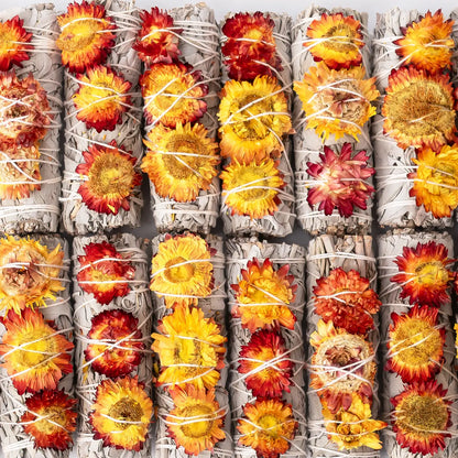 Sunset Flower, Orange Strawflower Floral Sage Wand