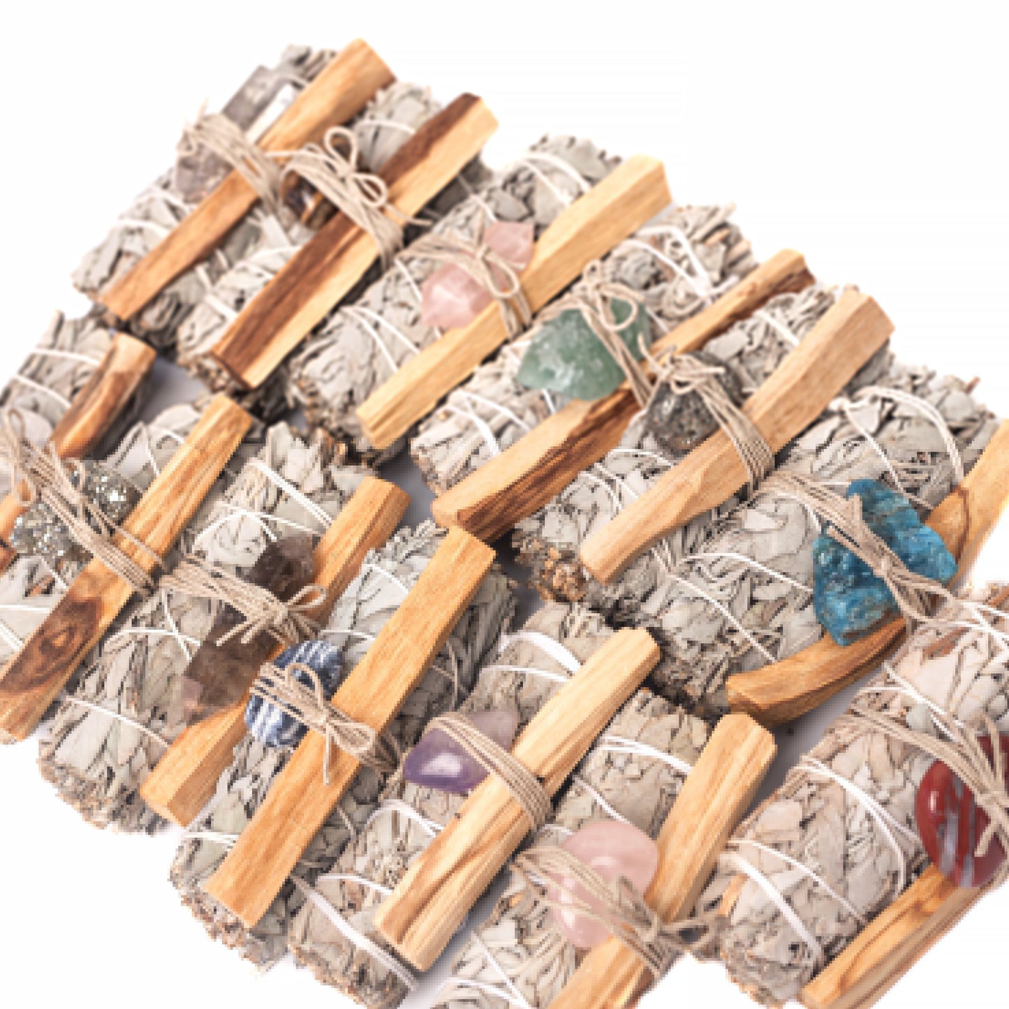 White Sage, Rough Rose Quartz, Palo Santo Stick Bundle