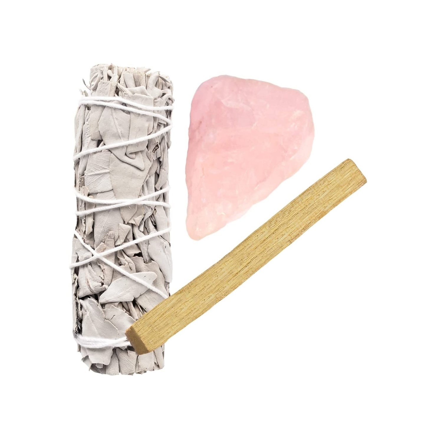 White Sage, Rough Rose Quartz, Palo Santo Stick Bundle