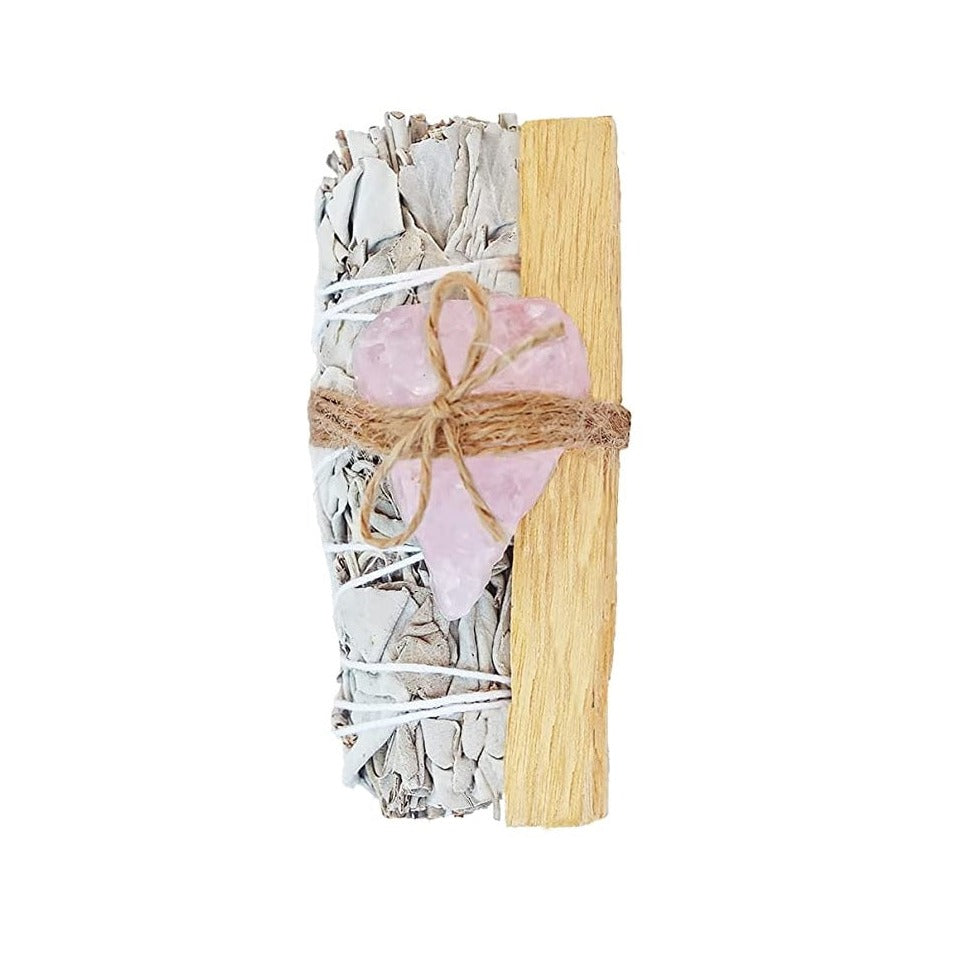 White Sage, Rough Rose Quartz, Palo Santo Stick Bundle
